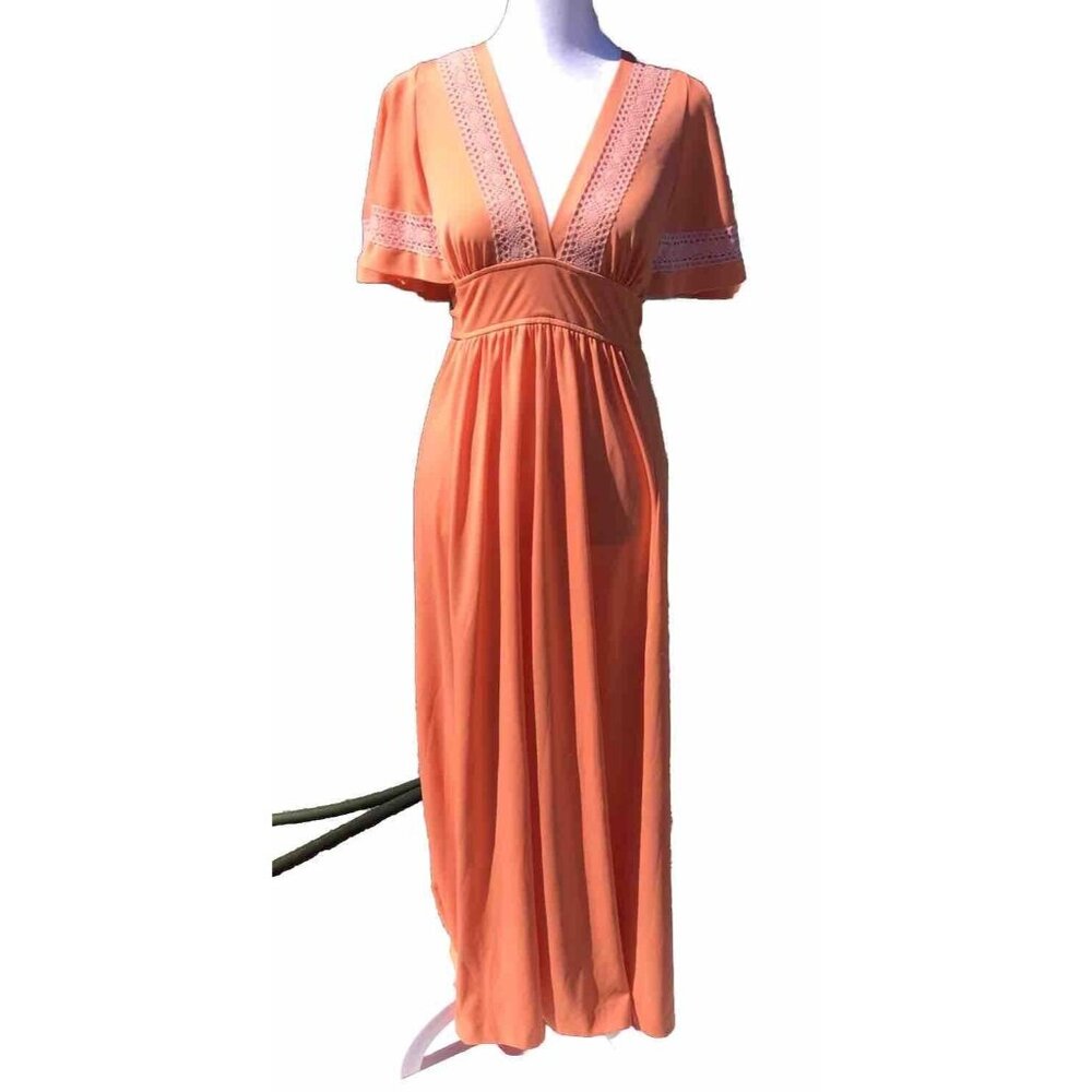 Vtg S M 60s 70s Mod Angel Bell Sleeve Goddess Boho Hippie Polyester Maxi Dress